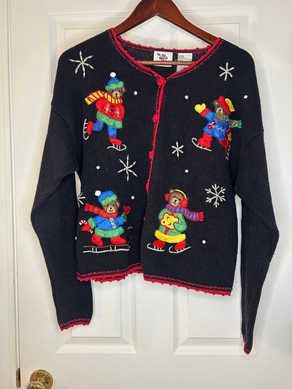 Vintage Nutcracker Christmas Cardigan Women L Black Teddy Bear Ice Skating